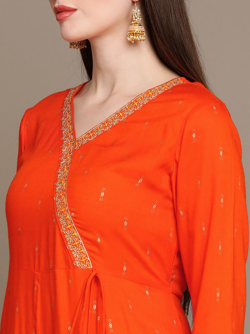 HERE&NOW Ethnic Motifs Printed Thread Work Angrakha Kurta with Palazzos & Dupatta | Grocsy