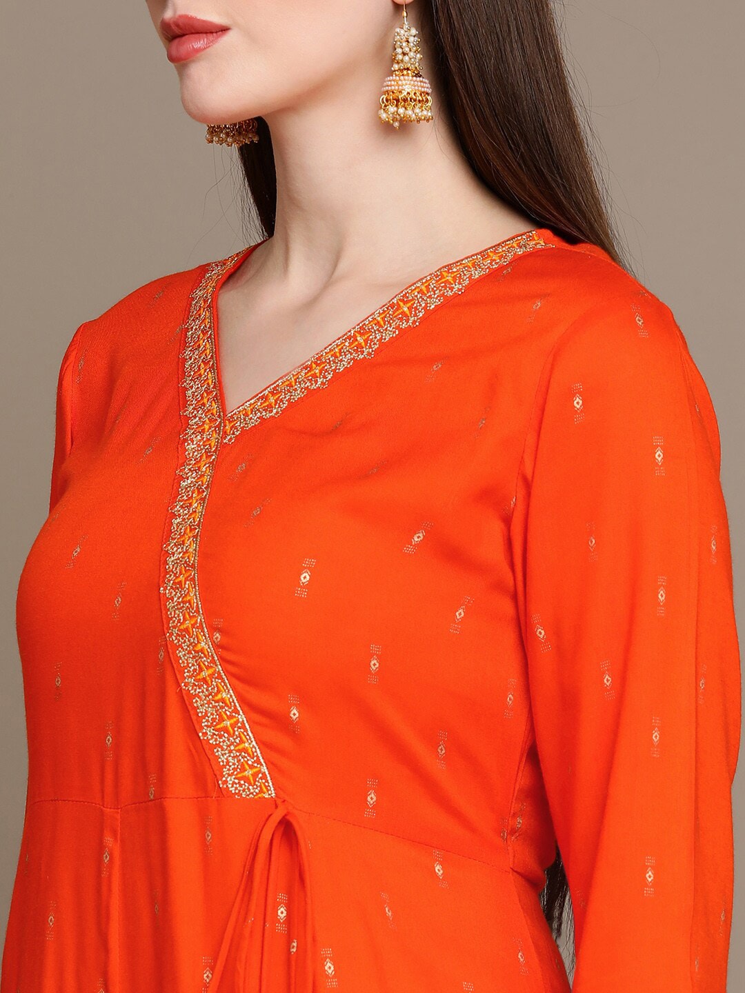 HERE&NOW Ethnic Motifs Printed Thread Work Angrakha Kurta with Palazzos & Dupatta | Grocsy