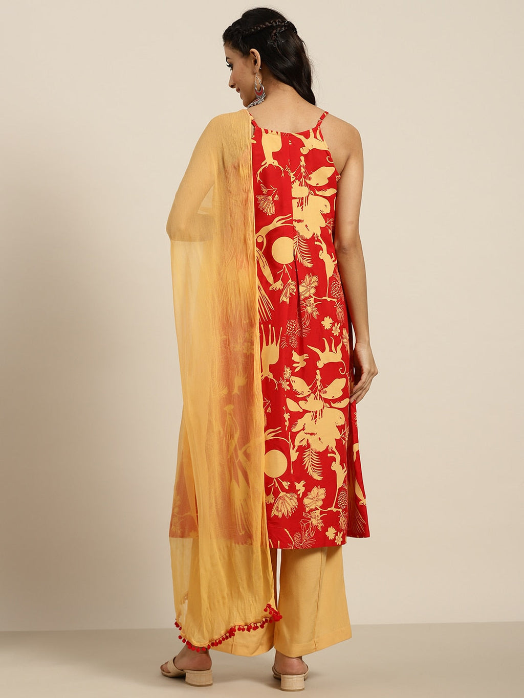 Sangria Women Red & Yellow Quirky Printed Kurta with Palazzos & Dupatta | Grocsy