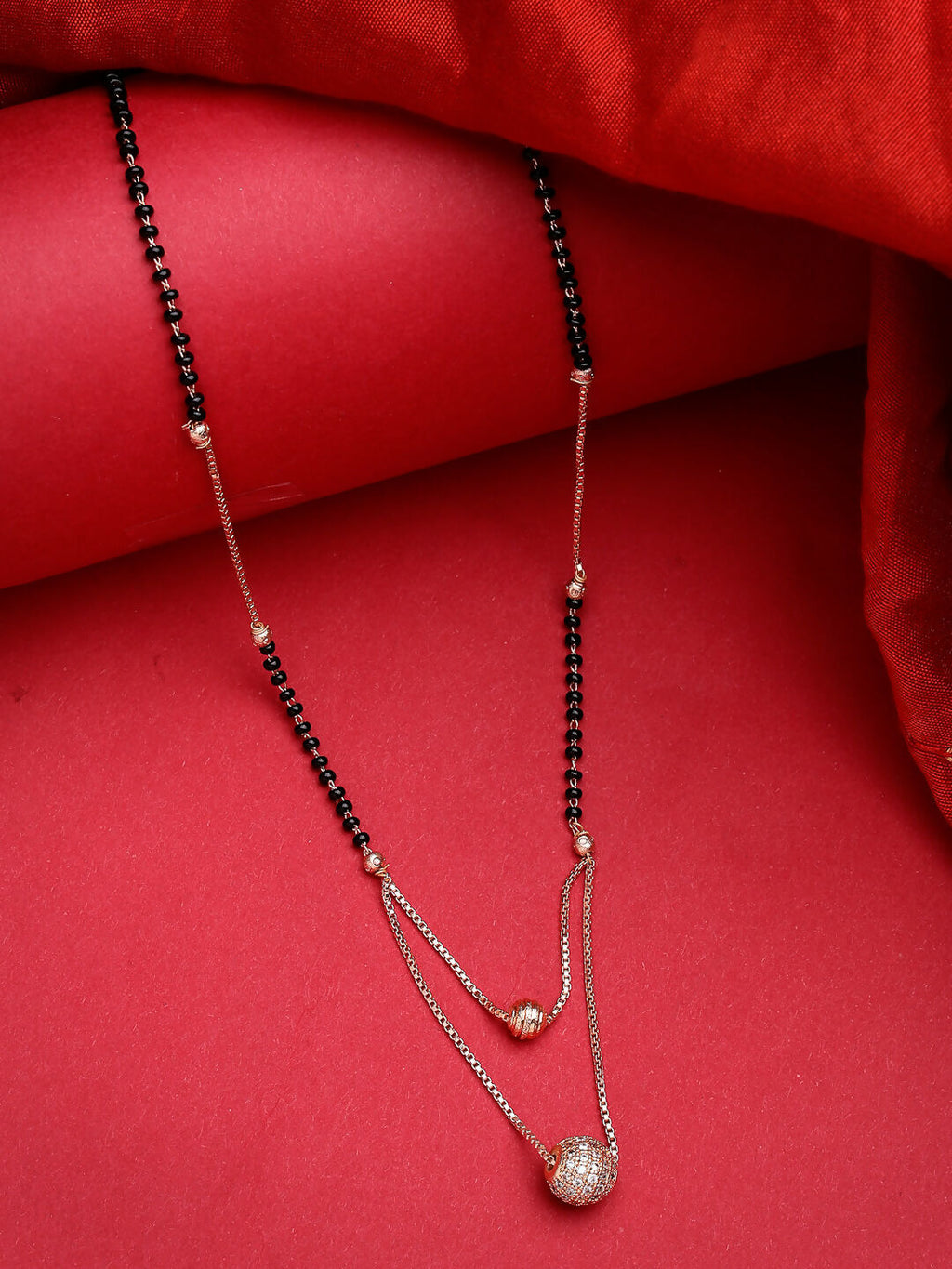 NVR Women's Rose Gold CZ Stone-Studded & Beaded Layered Mangalsutra | Grocsy