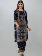 HERE&NOW Navy Blue Ethnic Motifs Printed Kurta with Trousers | Grocsy