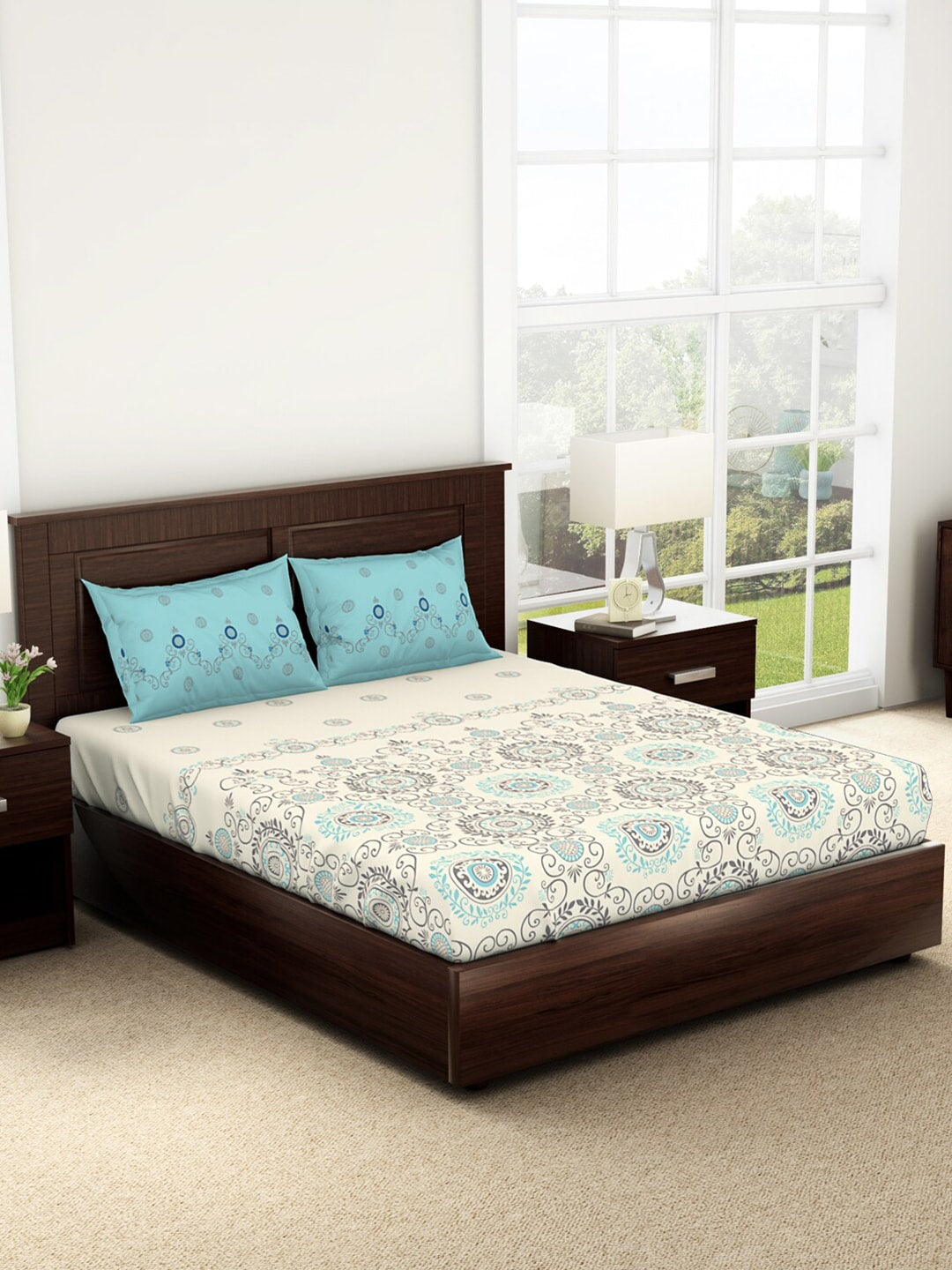 SPACES Reagalis Cream Ethnic Motifs 140 TC Cotton Queen Bedsheet & 2 Pillow Covers | Grocsy
