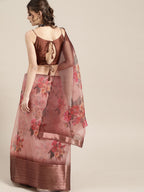 Saree Mall Mauve & Red Organza Block Print Saree | Grocsy