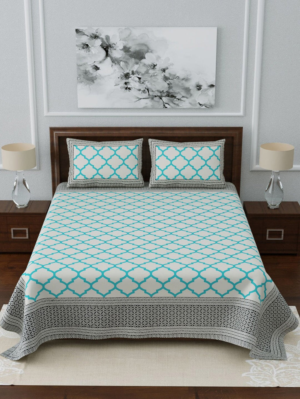 LIVING ROOTS White & Blue Printed 210 TC 1 King Jaipuri Bedsheet With 2 Pillow Covers | Grocsy