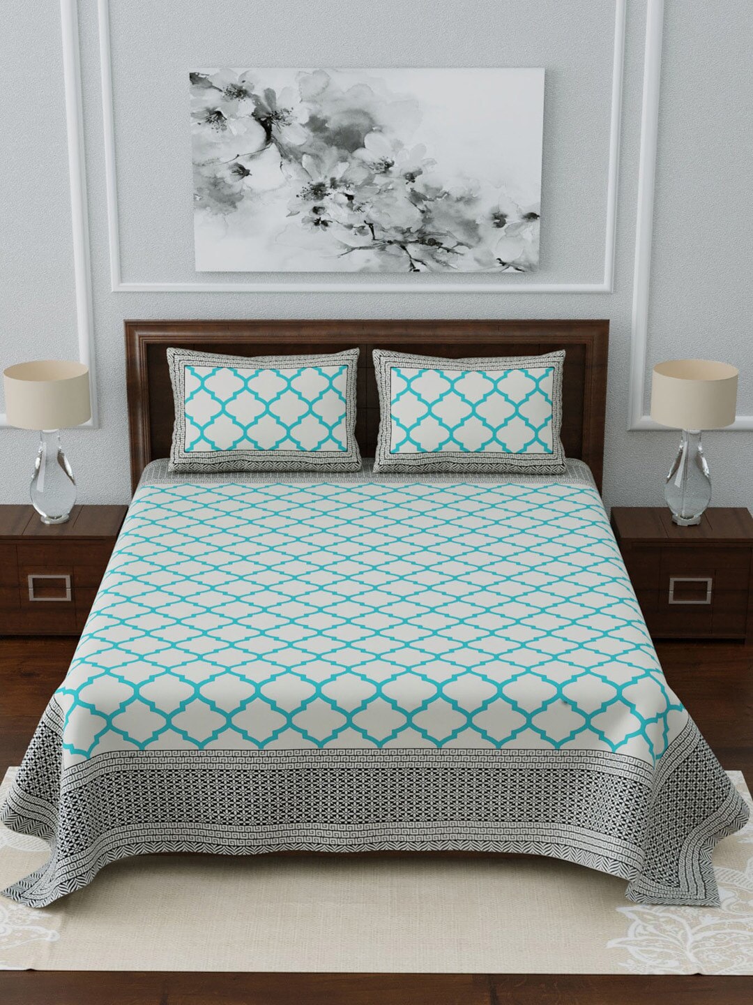 LIVING ROOTS White & Blue Printed 210 TC 1 King Jaipuri Bedsheet With 2 Pillow Covers | Grocsy