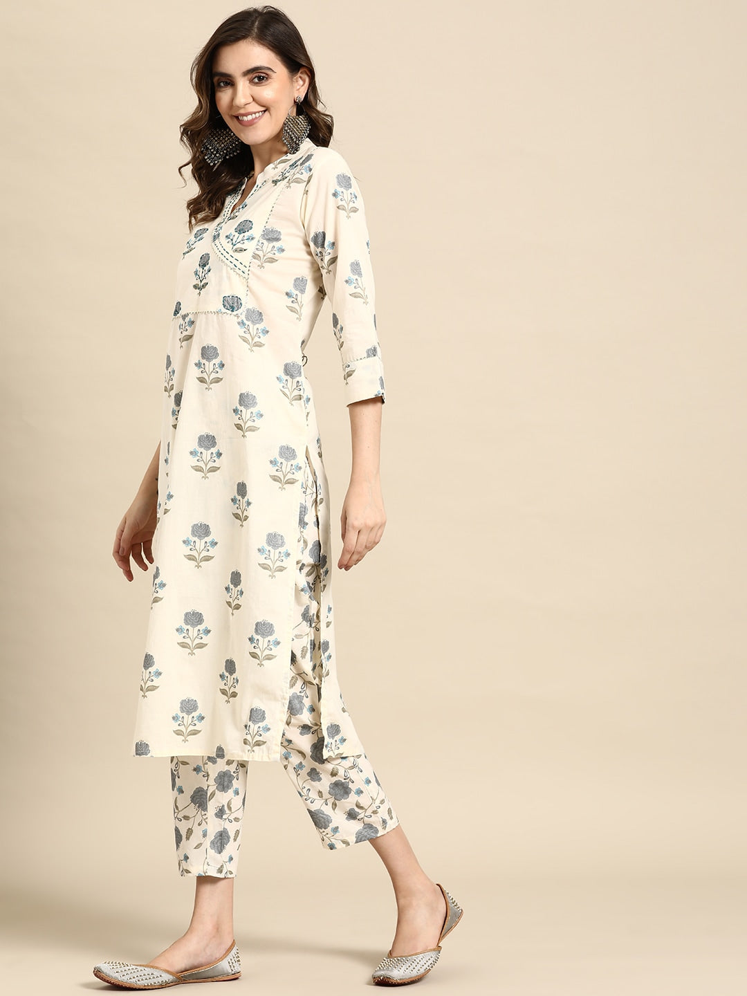 Sangria Floral Printed Angrakha Sequinned Pure Cotton Kurta With Trousers | Grocsy