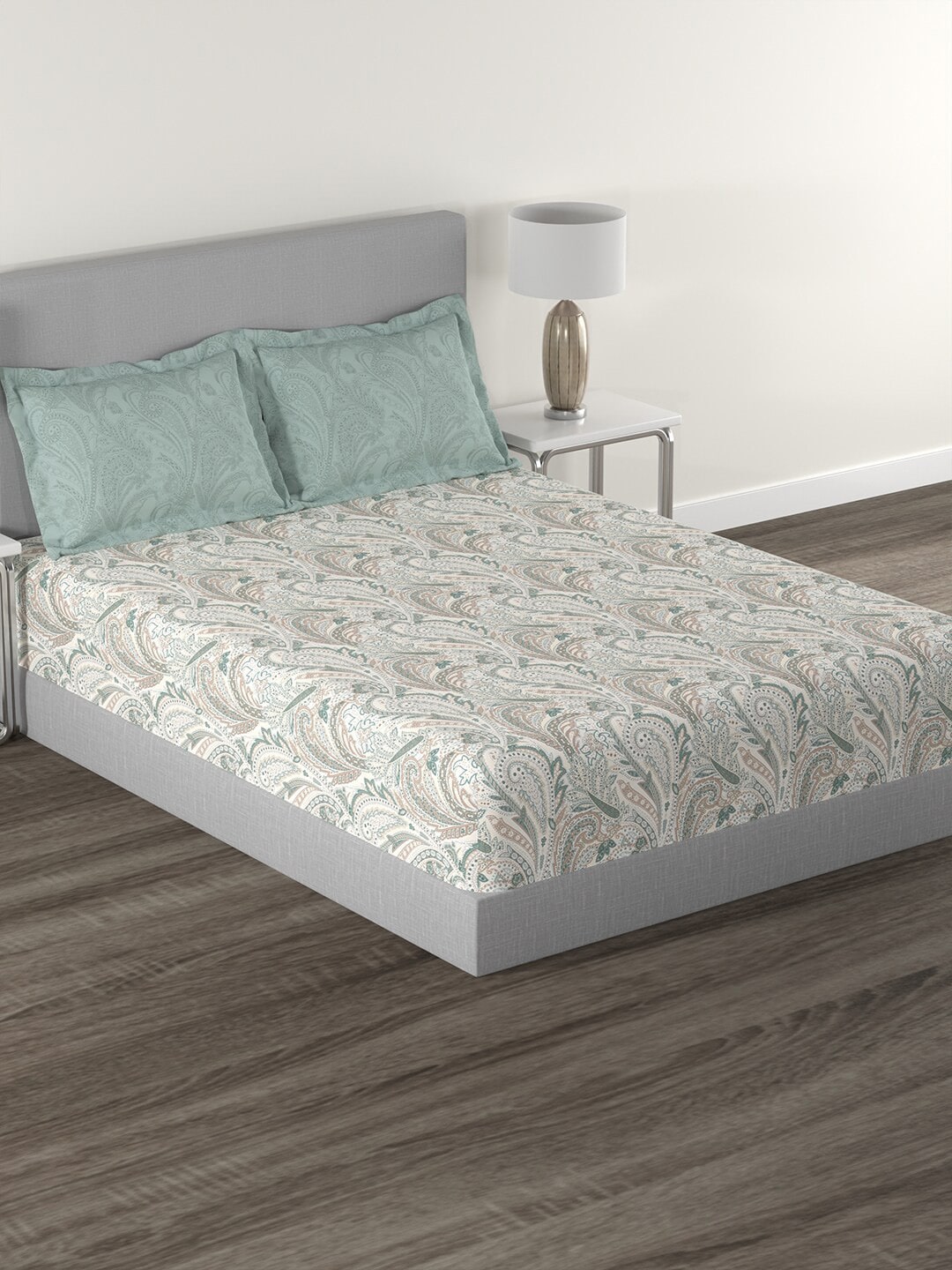 MYTRIDENT Green White Ethnic Motifs Cotton 144 TC Queen Bedsheet With 2 Pillow Covers | Grocsy