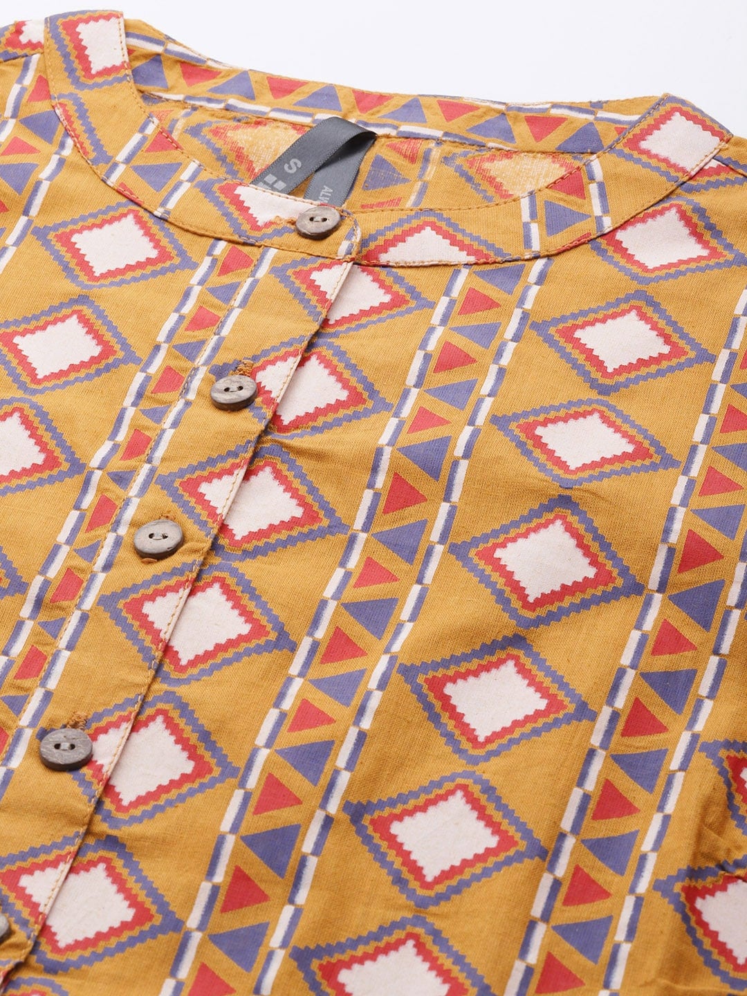 HERE&NOW Women Mustard Yellow & Cream Pure Cotton Geometric Printed Kurta | Grocsy