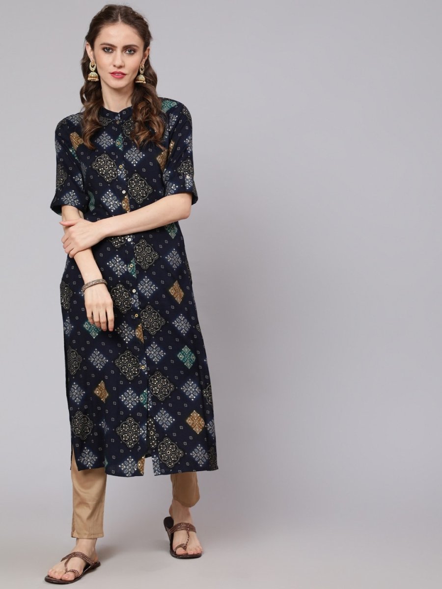 Aks Bandhani Printed Mandarin Collar Straight Kurta | Grocsy