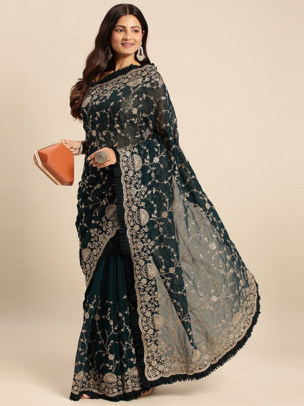 kasee Floral Zari Pure Georgette Saree | Grocsy