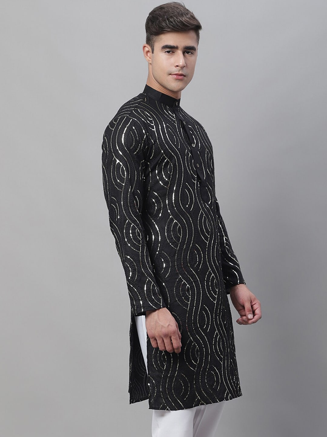 Sojanya Sequined Mandarin Collar Pure Cotton Kurta | Grocsy