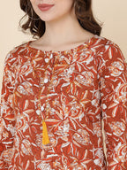 HERE&NOW Women Brown Floral Printed Sequinned Kurta with Trousers | Grocsy