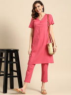 Sangria V-Neck Lace Detail Kurta with Trousers | Grocsy