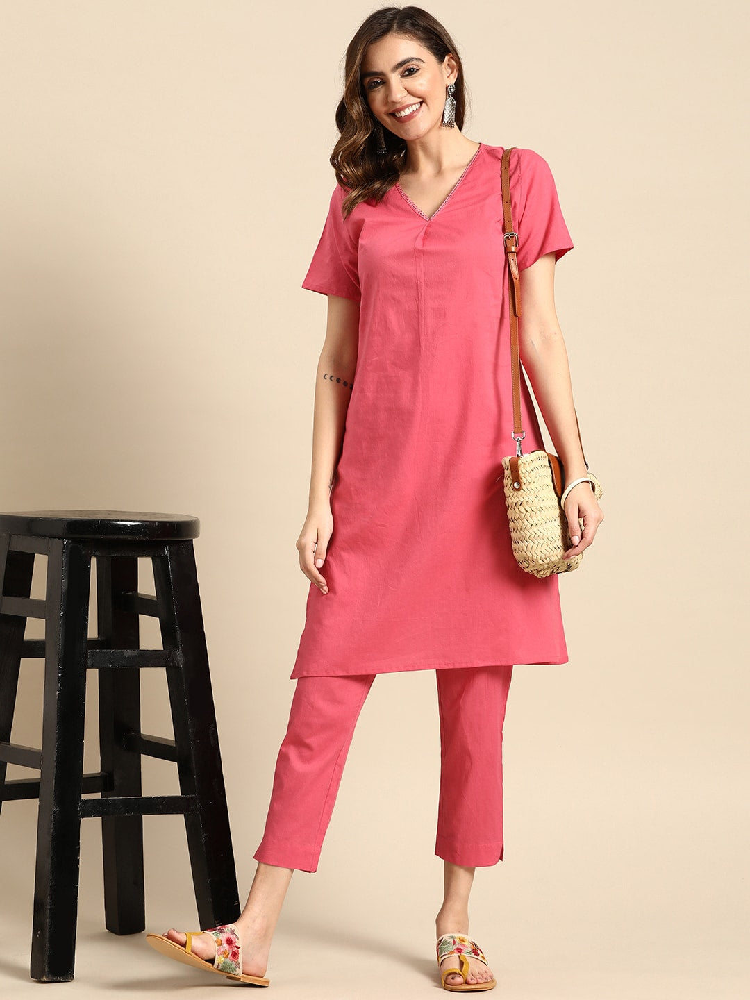 Sangria V-Neck Lace Detail Kurta with Trousers | Grocsy