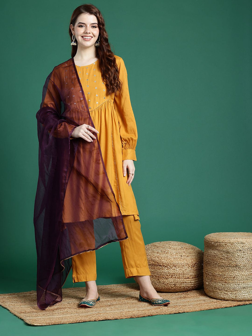 Sangria Mirror Work Embroidered Regular Gotta Patti A-Line Kurta With Trousers & Dupatta | Grocsy