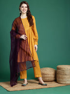 Sangria Mirror Work Embroidered Regular Gotta Patti A-Line Kurta With Trousers & Dupatta | Grocsy