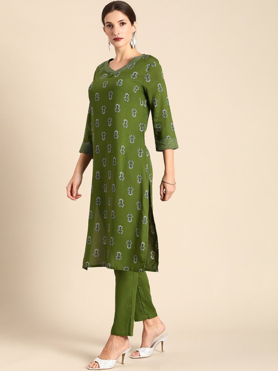 All About You Women Green Floral Printed Regular V-Neck Kurta with Trousers | Grocsy