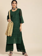 Sangria Women Green Ethnic Motifs Chikankari Kurta with Palazzos | Grocsy