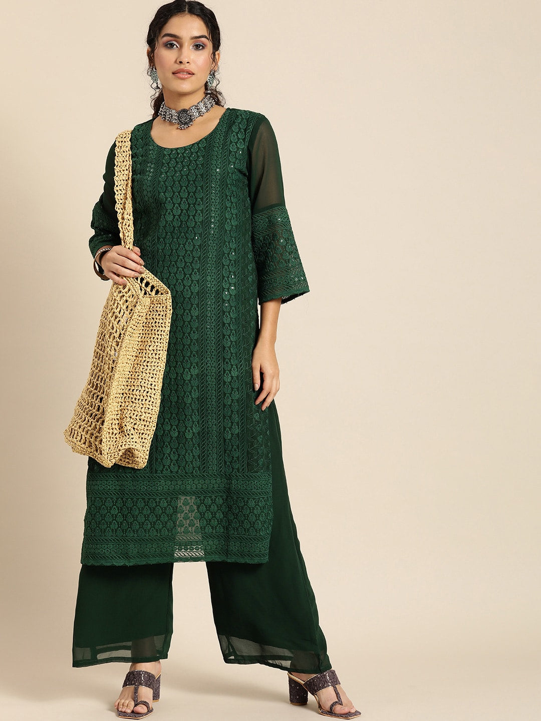 Sangria Women Green Ethnic Motifs Chikankari Kurta with Palazzos | Grocsy