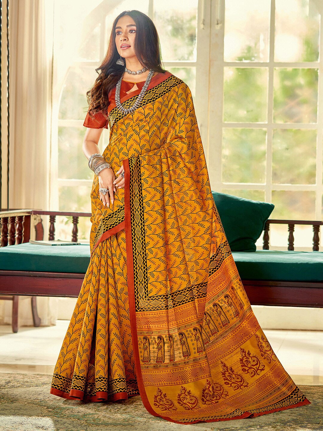 Saree Mall Mustard & Maroon Ethnic Motifs Printed Bhagalpuri Sarees | Grocsy
