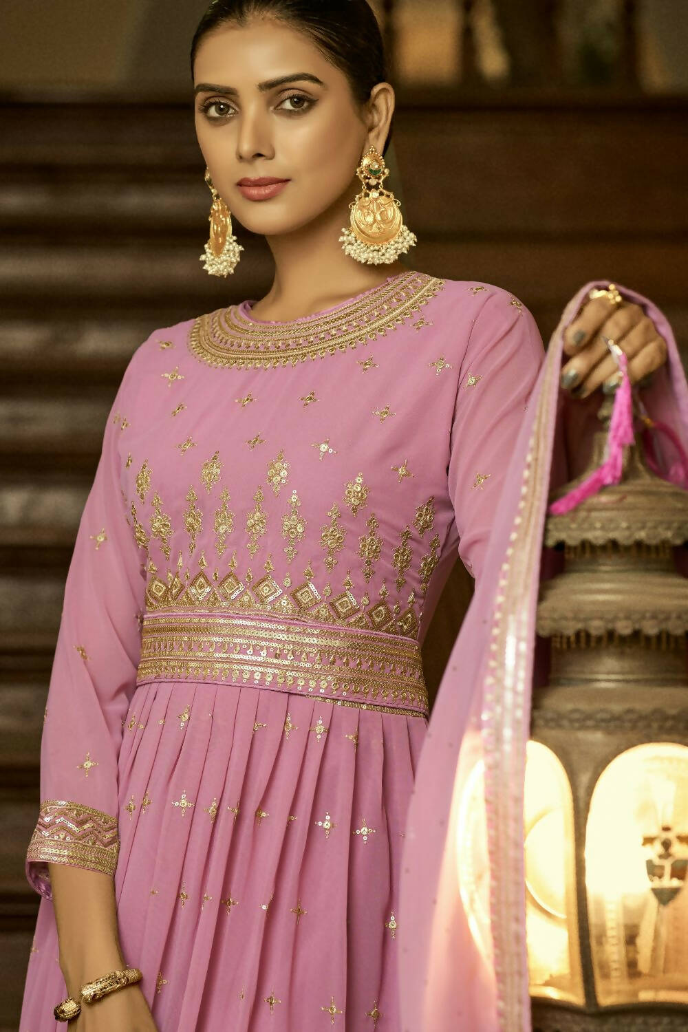Lavender Heavy Faux Georgette Anarkali Embroidered Kurta Set - Dhvani | Grocsy