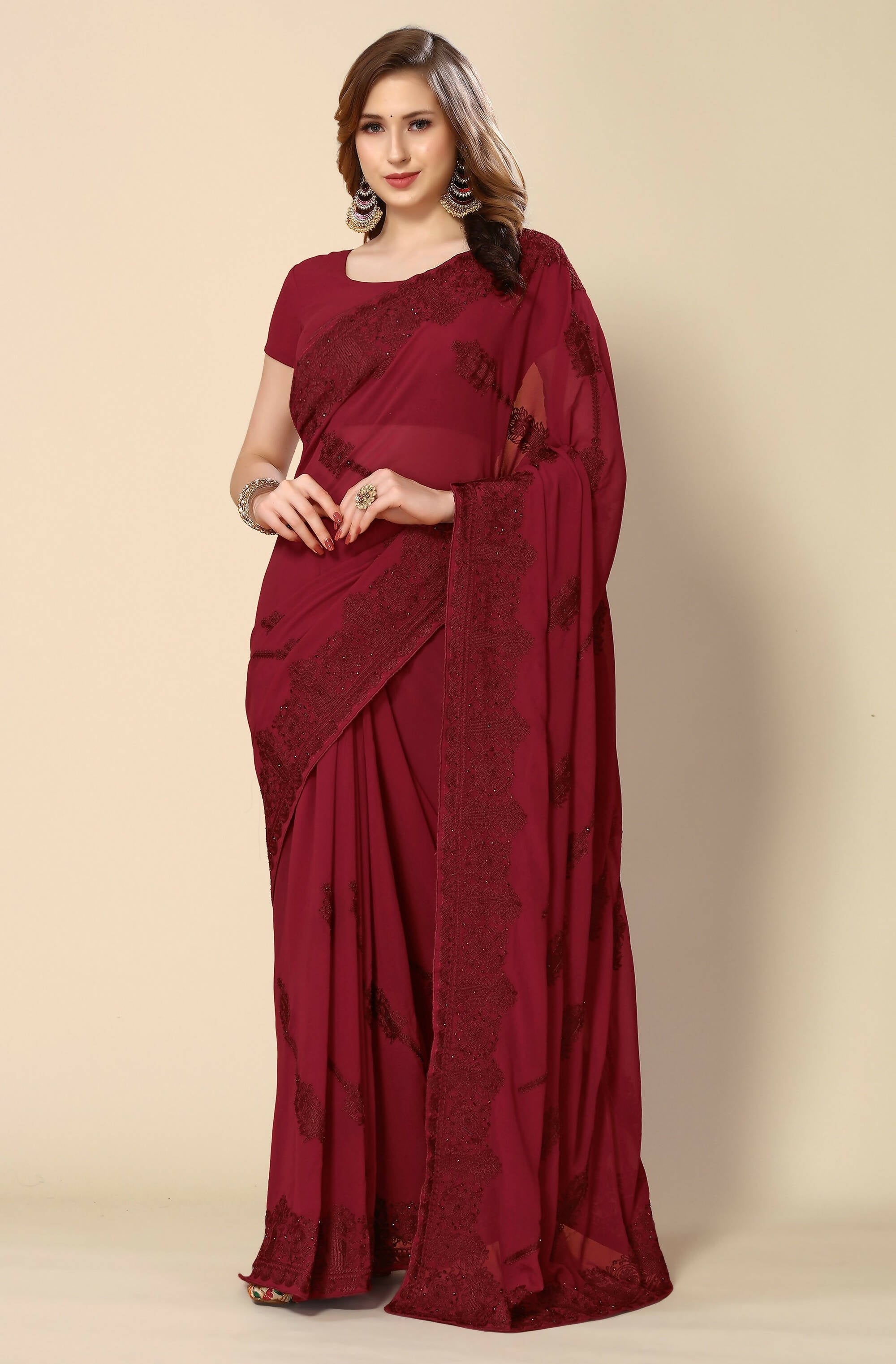 Maroon Georgette Embroidered and Stone Work Saree with Unstitched Blouse Piece - Roozal | Grocsy