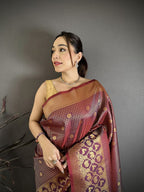 Elora Wine Banarasi Soft Silk Checked Body With Floral Motifs South Pattu Saree | Grocsy