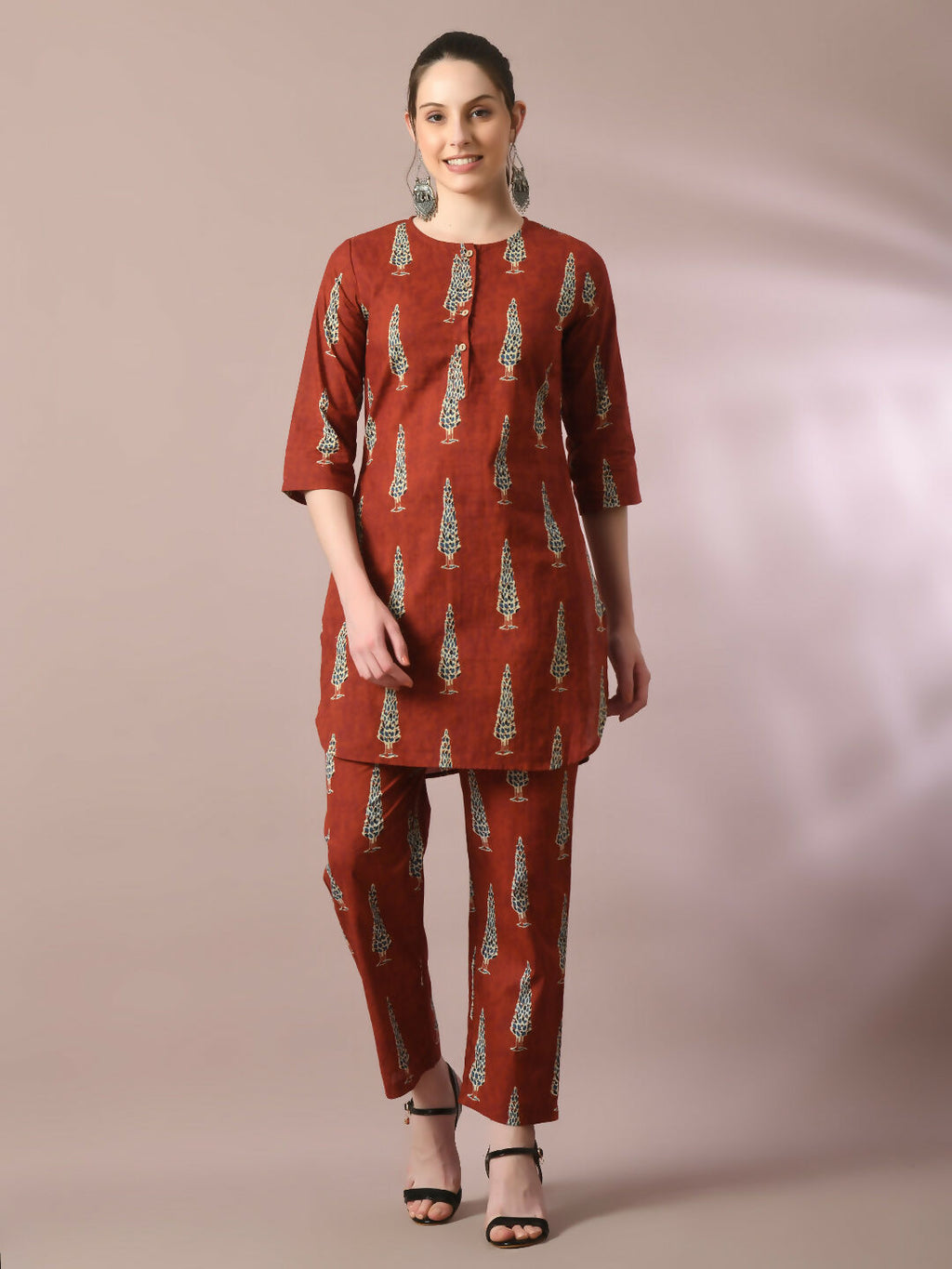 Myshka Women's Rust Printed Cotton Round Neck Party Tunic With Trousers Co-ord set | Grocsy