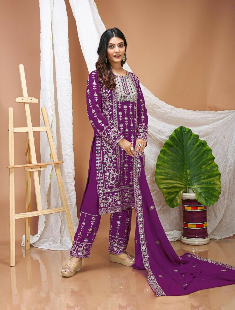 Lehenga Mart Designer Salwar Suit With Kurta, Pant, Dupatta For Women-Purple | Grocsy