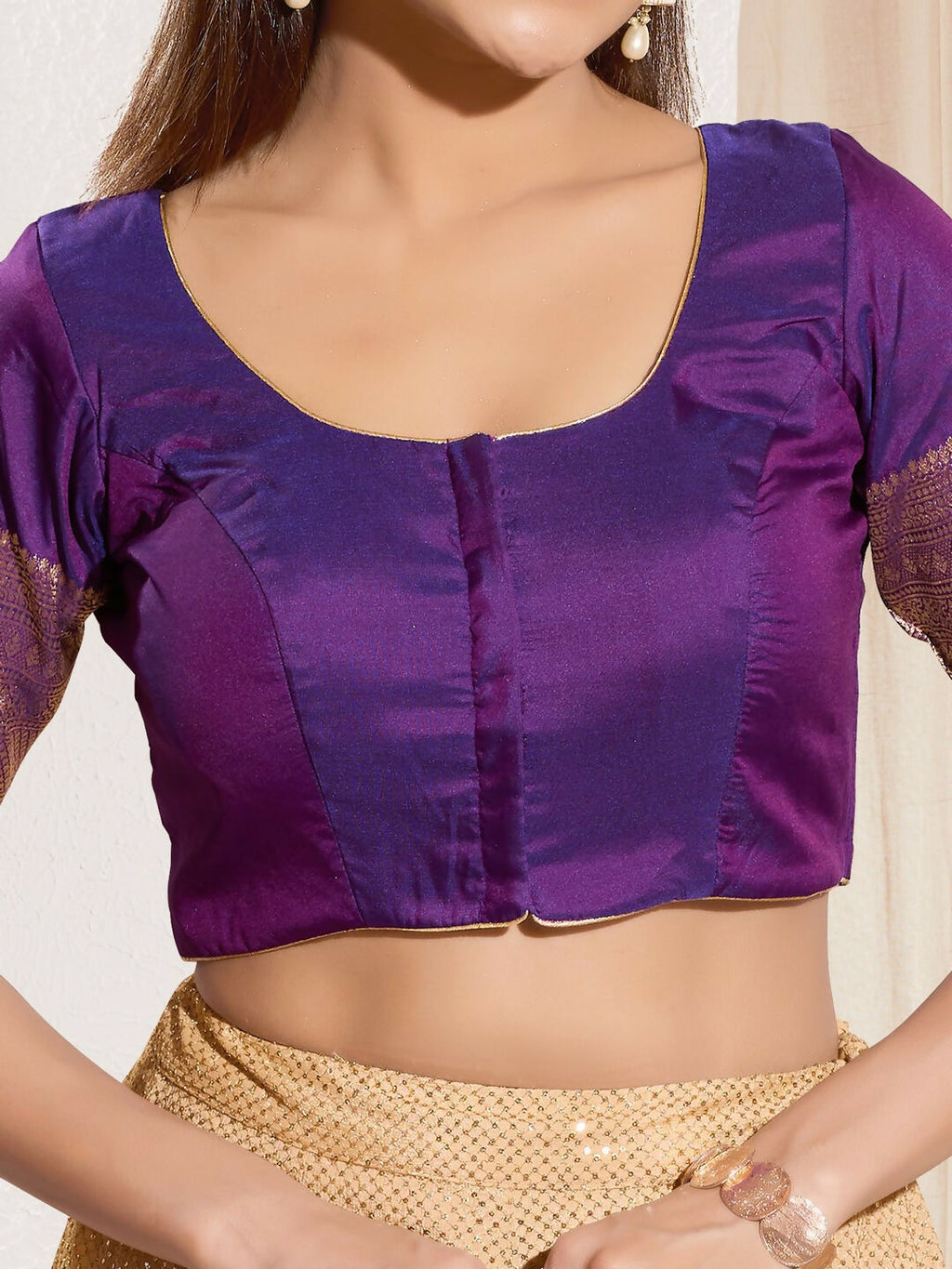 Joban Fashion Brinjal Tafeta Silk Padded Blouse With Round Neck Elbow Sleeves | Grocsy