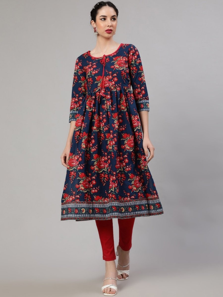 Aks Floral Printed Tie-Up Neck Pleated Cotton A-Line Kurta | Grocsy