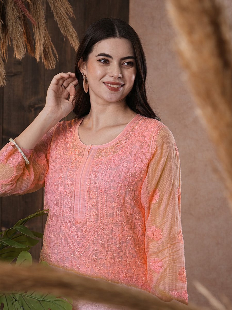 ADA Women Peach-Coloured Chikankari Hand Embroidered Straight Kota Handloom Kurta With Matching Slip | Grocsy