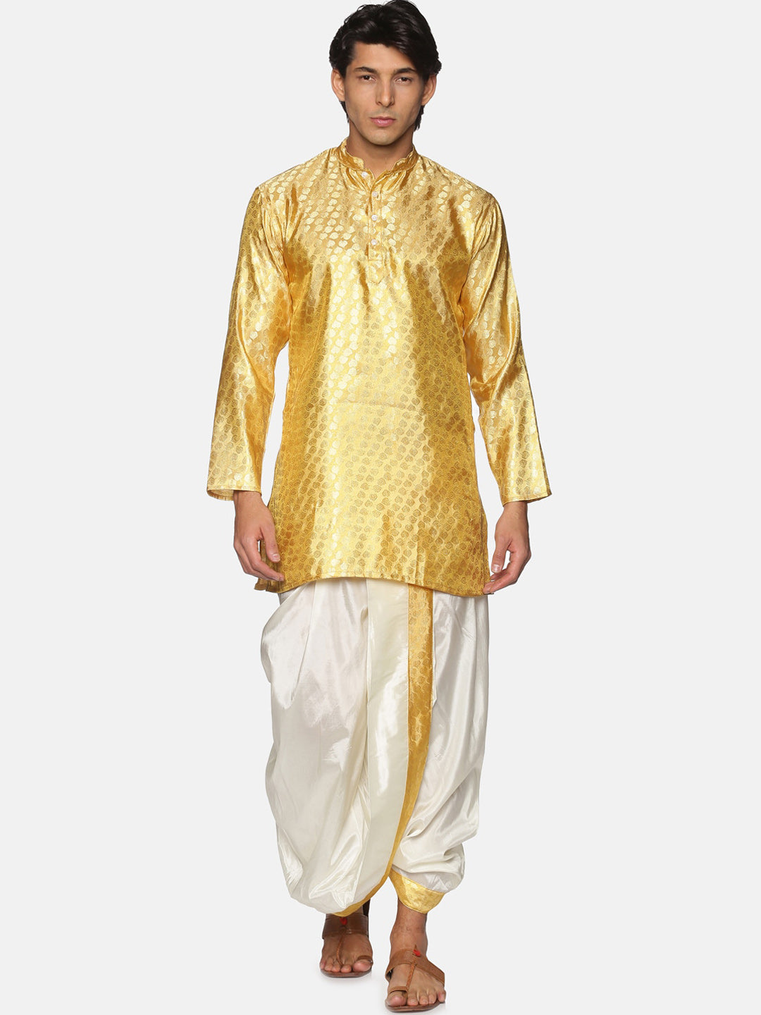 Sethukrishna Men Gold-Toned Ethnic Motifs Woven Design Kurta with Dhoti Pants | Grocsy