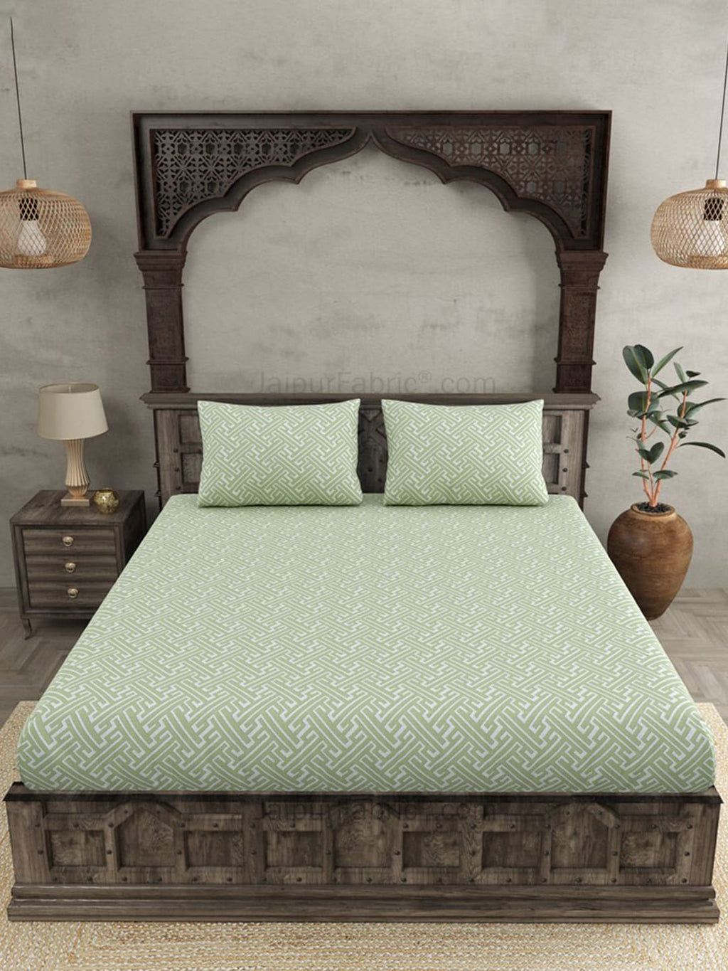 JAIPUR FABRIC Green & White Ethnic Motifs 250 TC Cotton King Bedsheet with 2 Pillow Covers | Grocsy