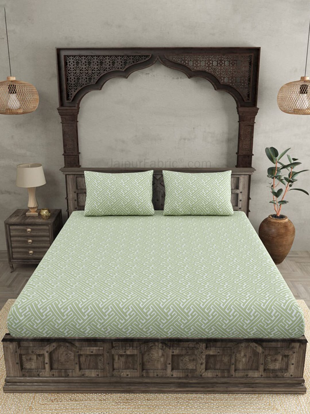 JAIPUR FABRIC Green & White Ethnic Motifs 250 TC Cotton King Bedsheet with 2 Pillow Covers | Grocsy