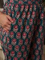 Sangria Teal Blue Floral Printed Gotta Patti Pure Cotton Kurta With Trousers & Dupatta | Grocsy