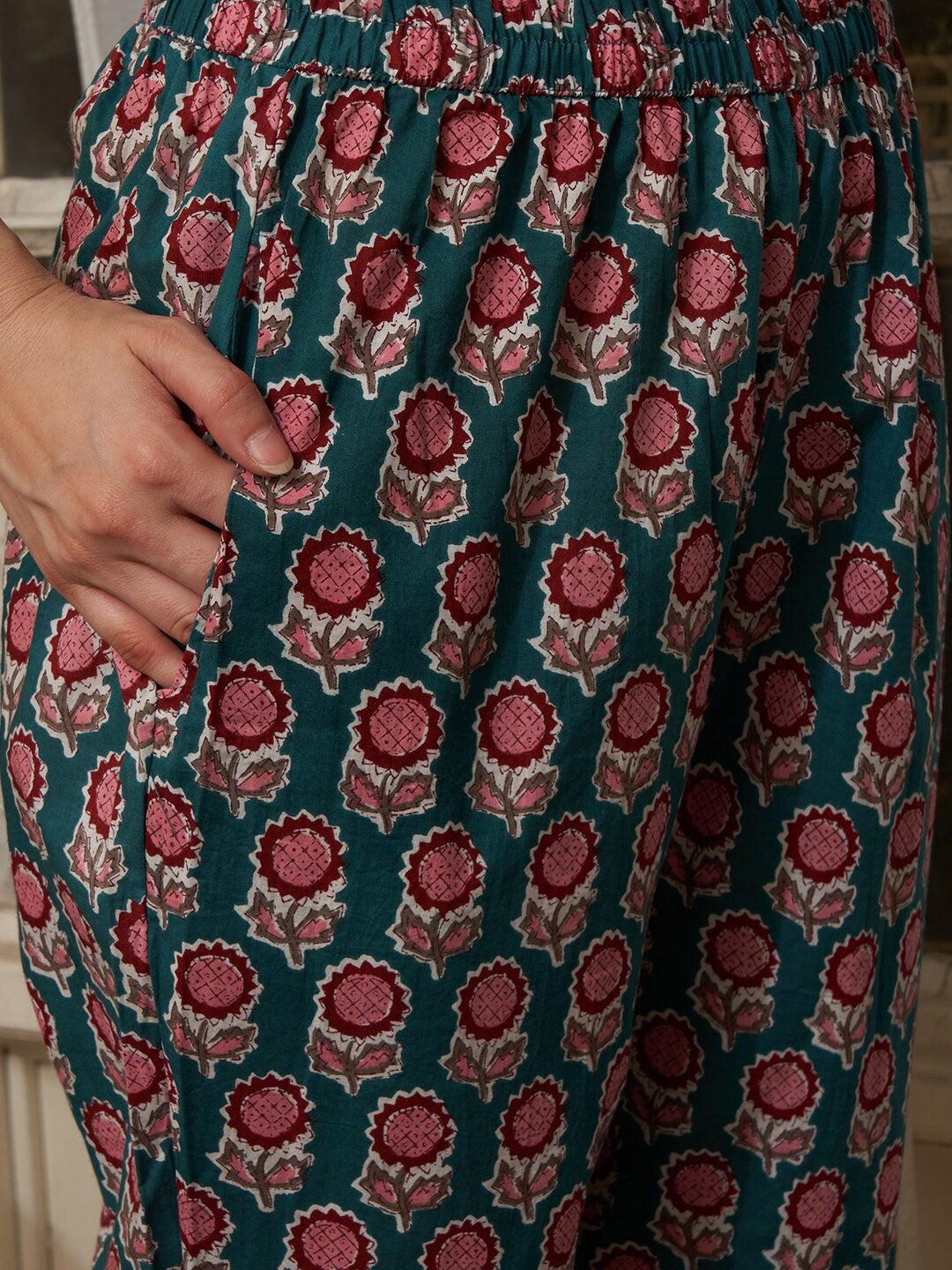 Sangria Teal Blue Floral Printed Gotta Patti Pure Cotton Kurta With Trousers & Dupatta | Grocsy