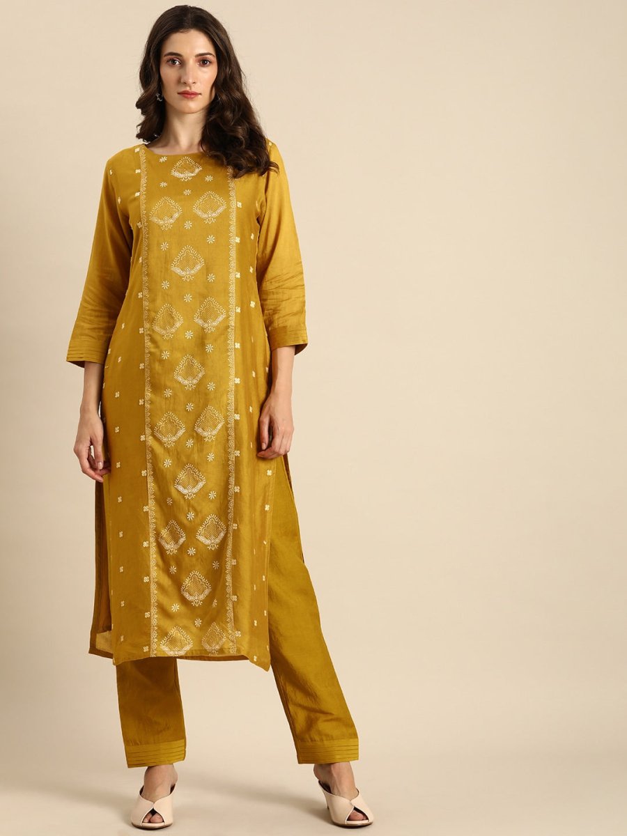 All About You Women Mustard Yellow & Off-White Ethnic Motifs Embroidered Kurta Set | Grocsy