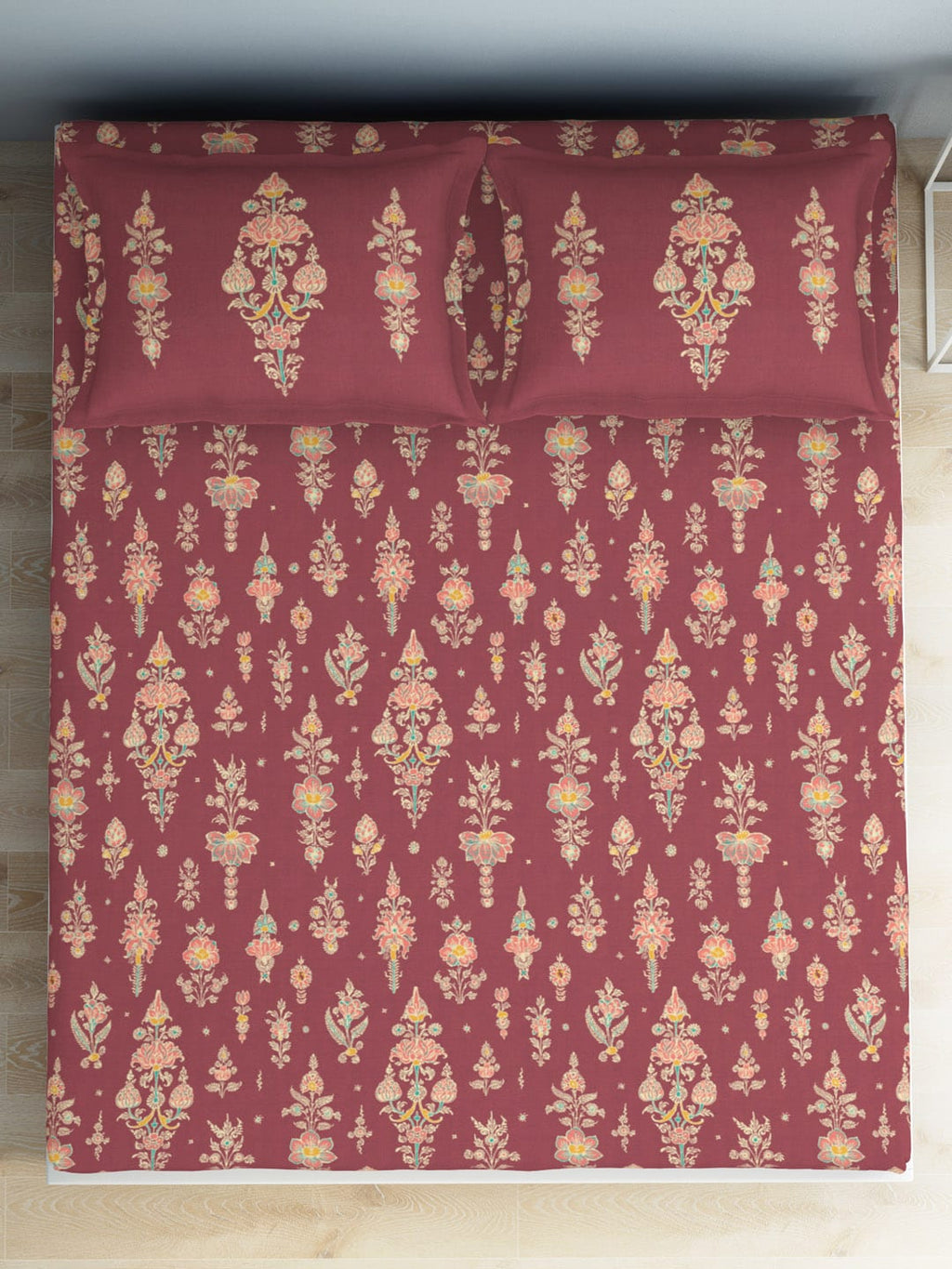 SPACES Aurum Red Ethnic Motifs Pure Cotton 140 TC Queen Bedsheet with 2 Pillow Covers | Grocsy