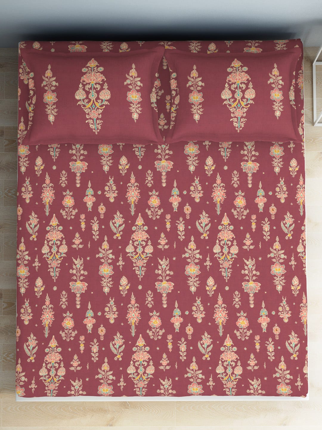 SPACES Aurum Red Ethnic Motifs Pure Cotton 140 TC Queen Bedsheet with 2 Pillow Covers | Grocsy