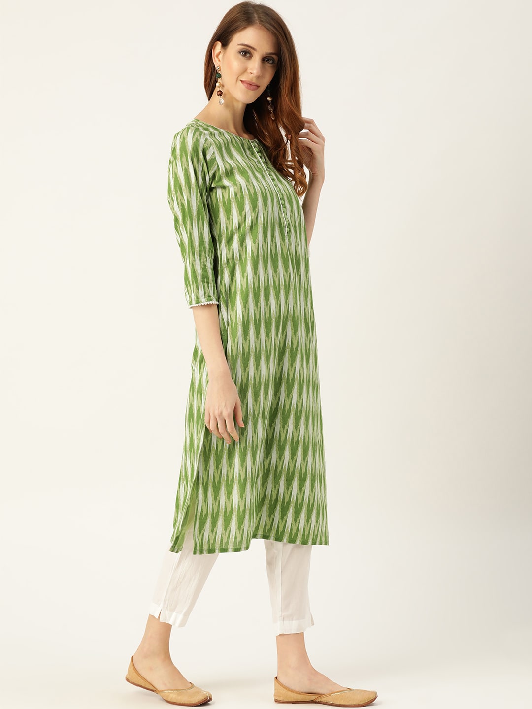 Sangria Women Green & White Printed Kurta with Trousers | Grocsy