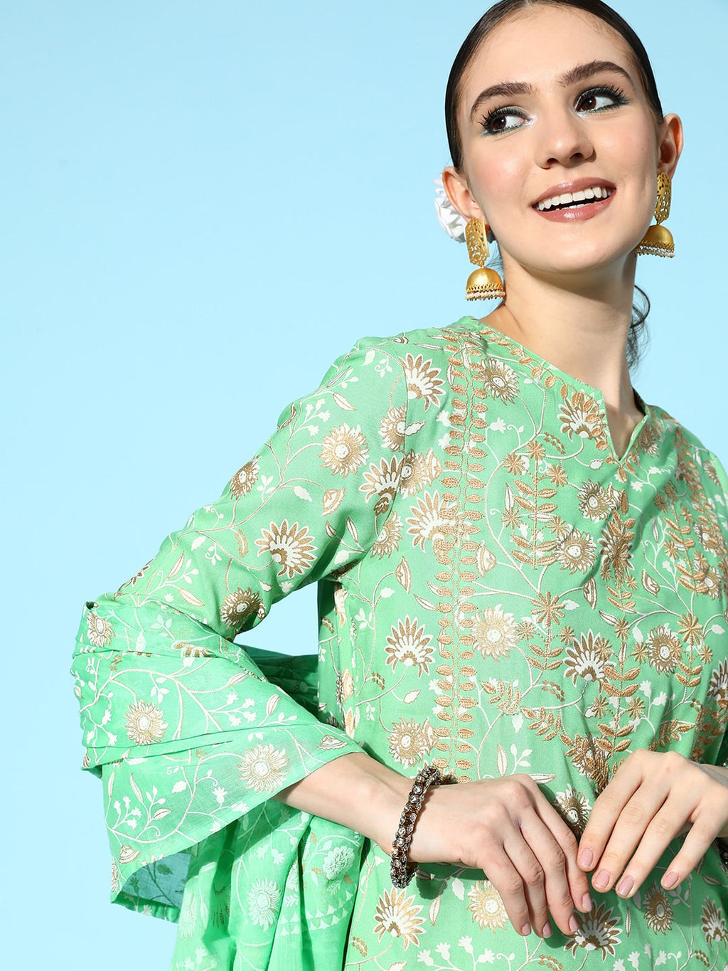 HERE&NOW Women Ethnic Motifs Printed Thread Work Kurta with Trousers & Dupatta | Grocsy