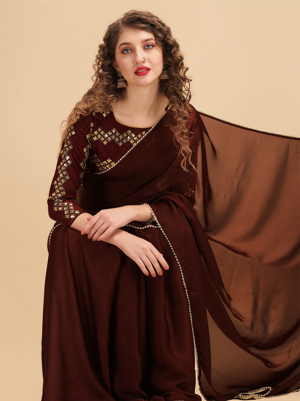 Sangria Coffee Brown & Golden Embroidered Satin Saree | Grocsy
