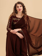 Sangria Coffee Brown & Golden Embroidered Satin Saree | Grocsy