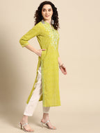 Sangria Women Lime Green Floral Embroidered Thread Work Pastels Kurta | Grocsy