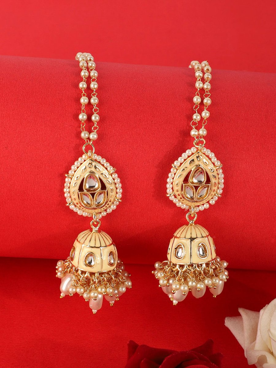 Anikas Creation Cream-Coloured & Gold Toned Kundan & Pearl Jadau Dome Shaped Jhumkas | Grocsy