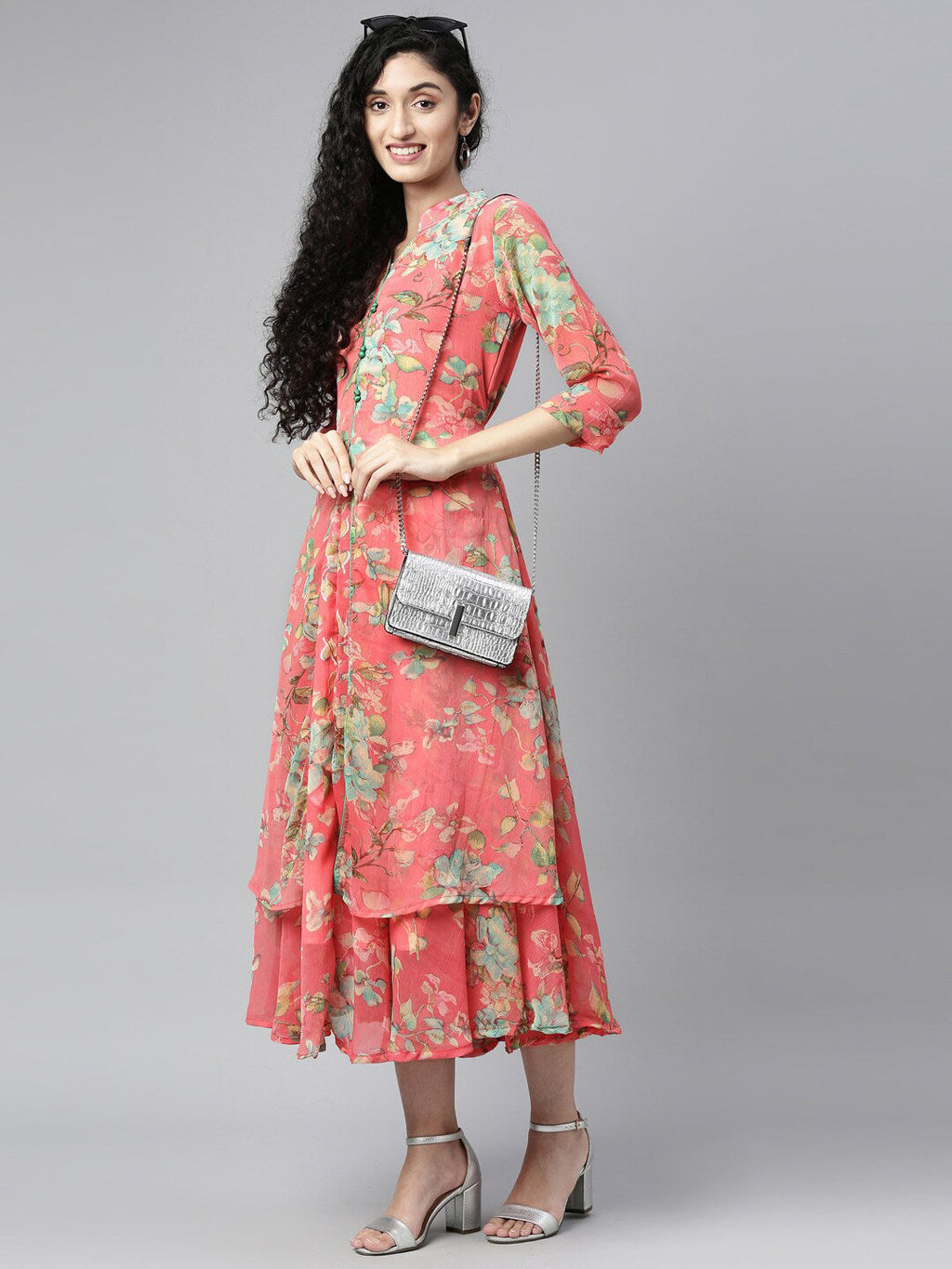 Souchii Women Pink & Green Floral Layered A-Line Midi Dress | Grocsy