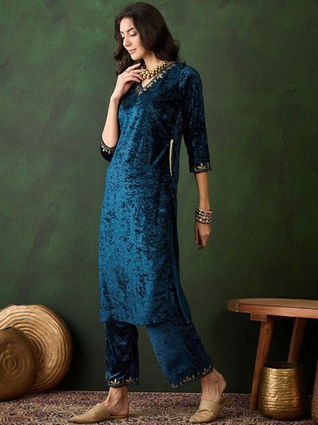 Sangria Yoke Design Velvet Straight Kurta | Grocsy