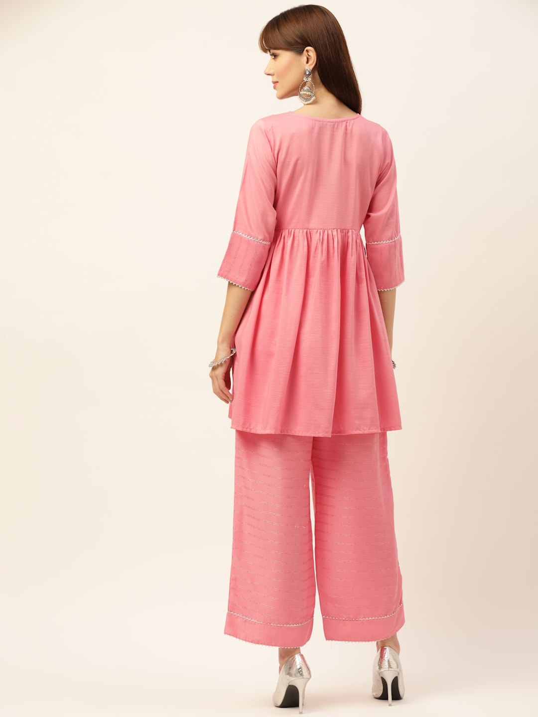 Sangria Peach-Coloured Zari Gotta Patti Pleated A-Line Pure Cotton Kurti With Palazzo | Grocsy