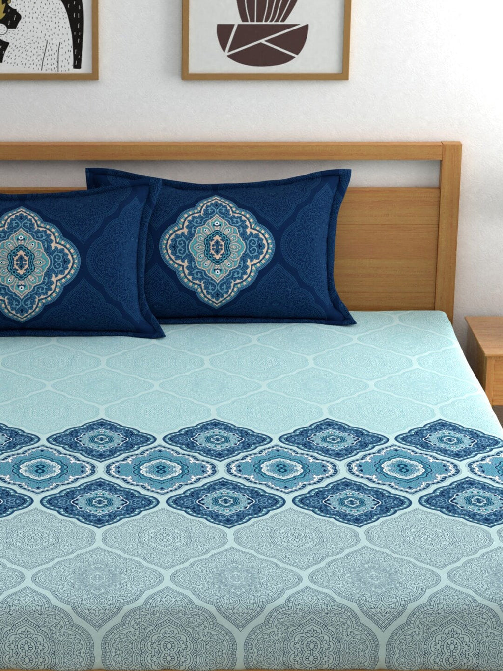Dreamscape Blue Ethnic Motifs 140 TC Fitted Cotton King Bedsheet & Pillow Covers | Grocsy